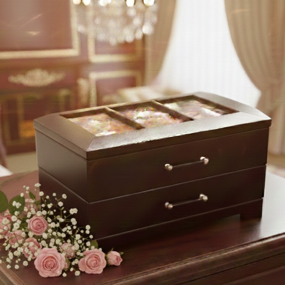 Vintage Dark Wood Jewelry Box 2-Drawer Glass Lid Trinket Organizer Picture Frame